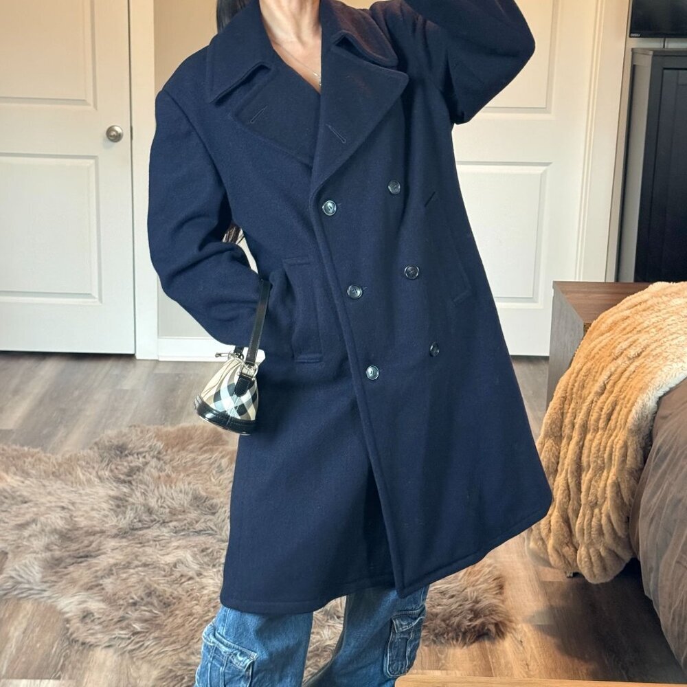 Vintage Fox Knapp Heavy Wool Trench Coat Longline Double Breasted Preppy Luxury